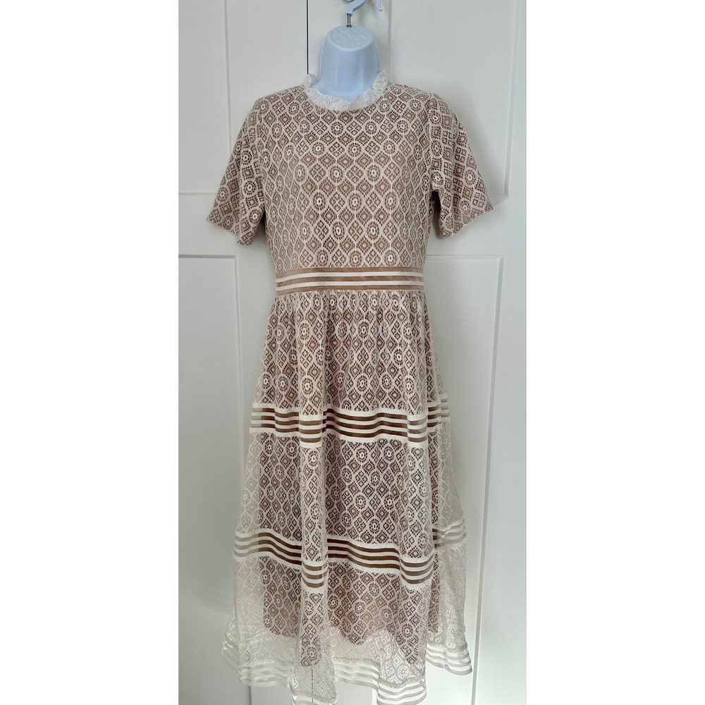 Polagram Baltic Born Lace Windsor Midi Dress Eyelet Mock Neck Short Sleeve M